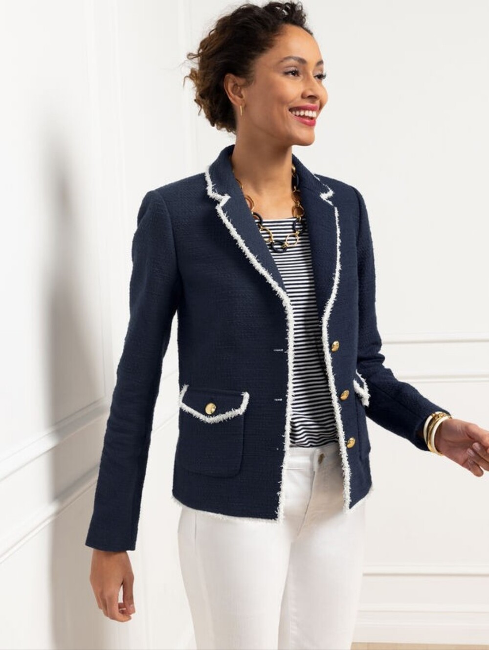 Talbots Blue And White Tweed Fringe Gold Button Blazer Jacket NWT 8P